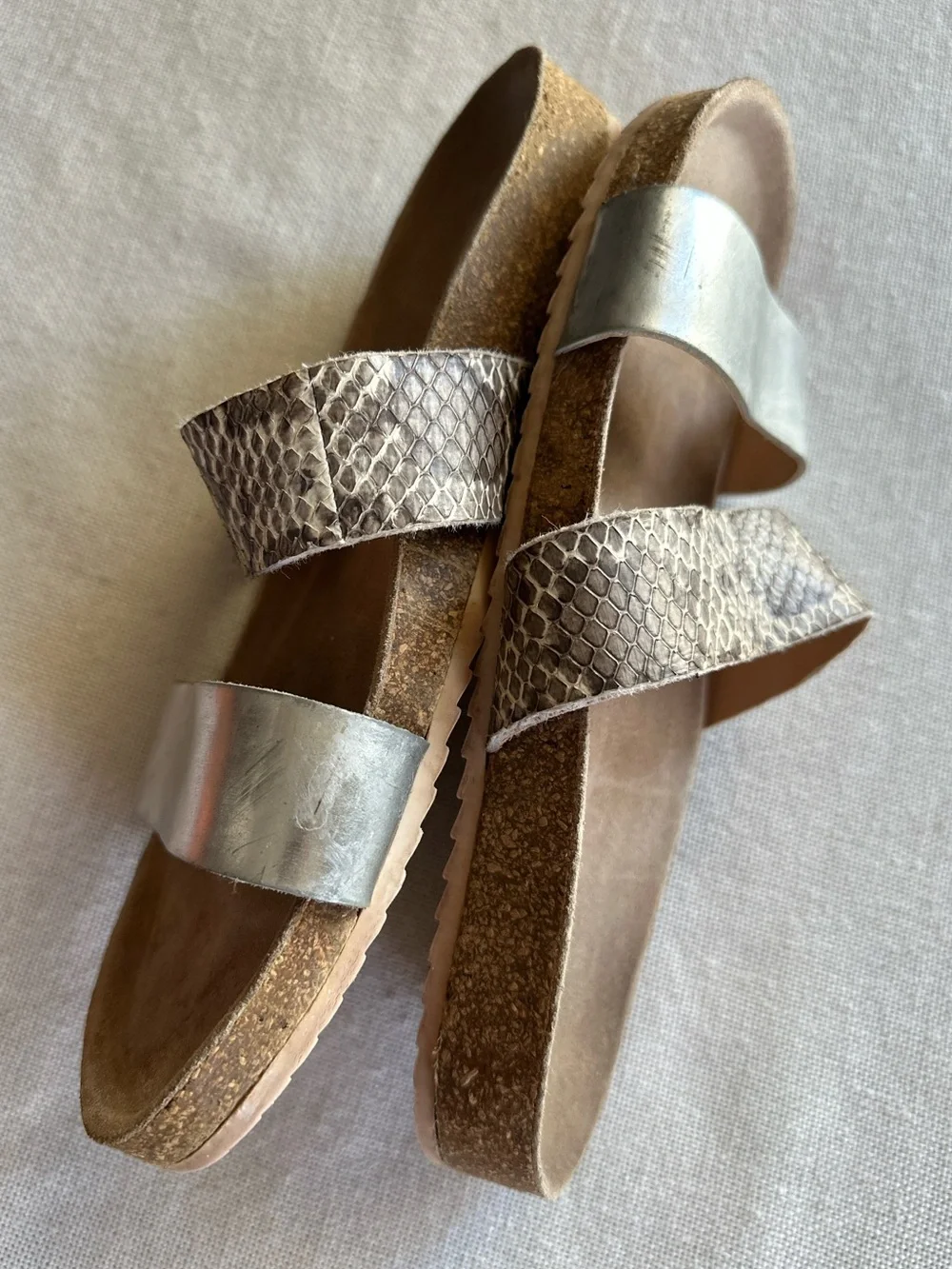 Loeffler Randall Paz Two-Strap Snakeskin & Metallic Slide Sandals | 8